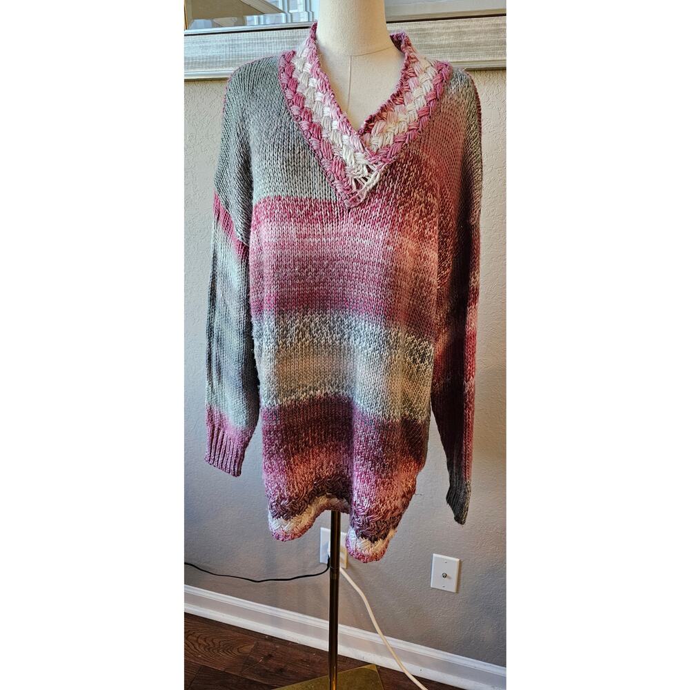 Noelle Simply Oversized Cable Knit V-Neck Sweater Women Sz L/XL Colorblock Multi